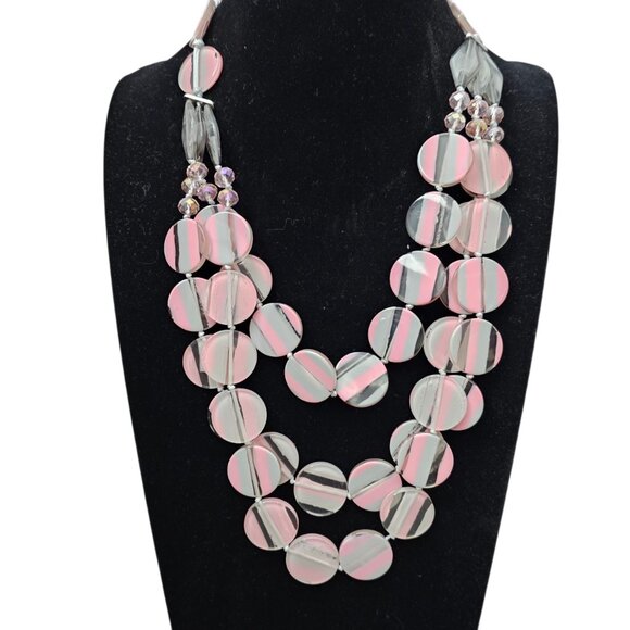 C1946 New Vintage Retro Acrylic Disc Pink & Gray Multi Strand Statement Necklace - Picture 1 of 6